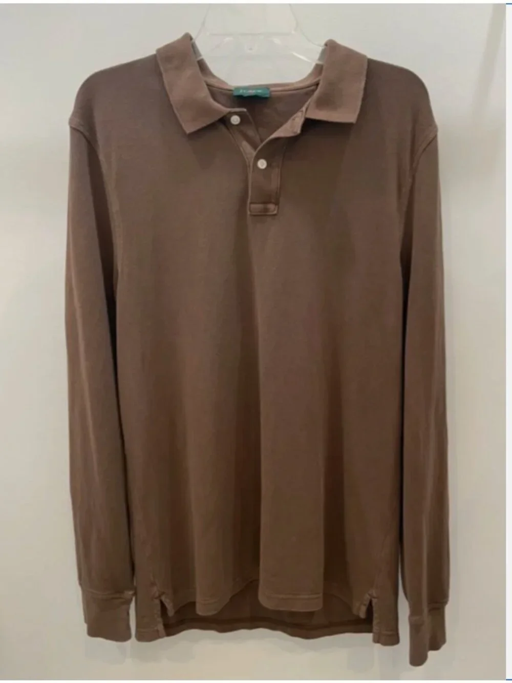 J.Crew Long Sleeve Washed Pique Polo Shirt Oarsman Deep Twig Brown Preppy Size M